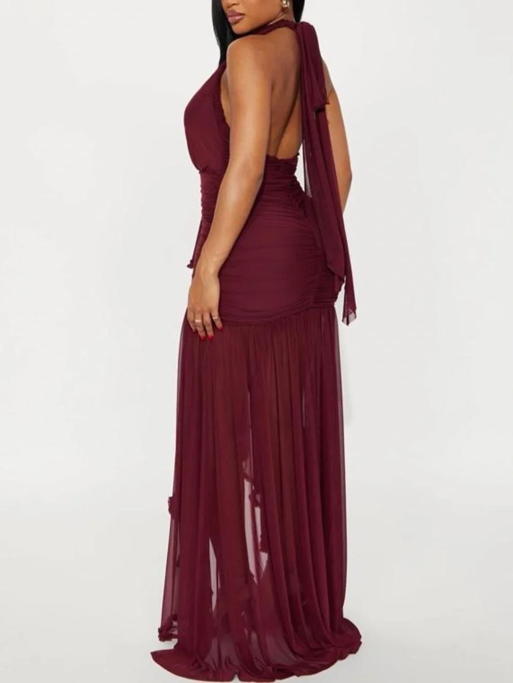 Fashion Nova Burgundy Halter Ruffle High-Low Mesh Maxi Dress
